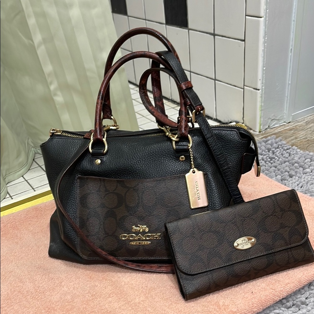 Coach Black and Brown Satchel with Textured Surface